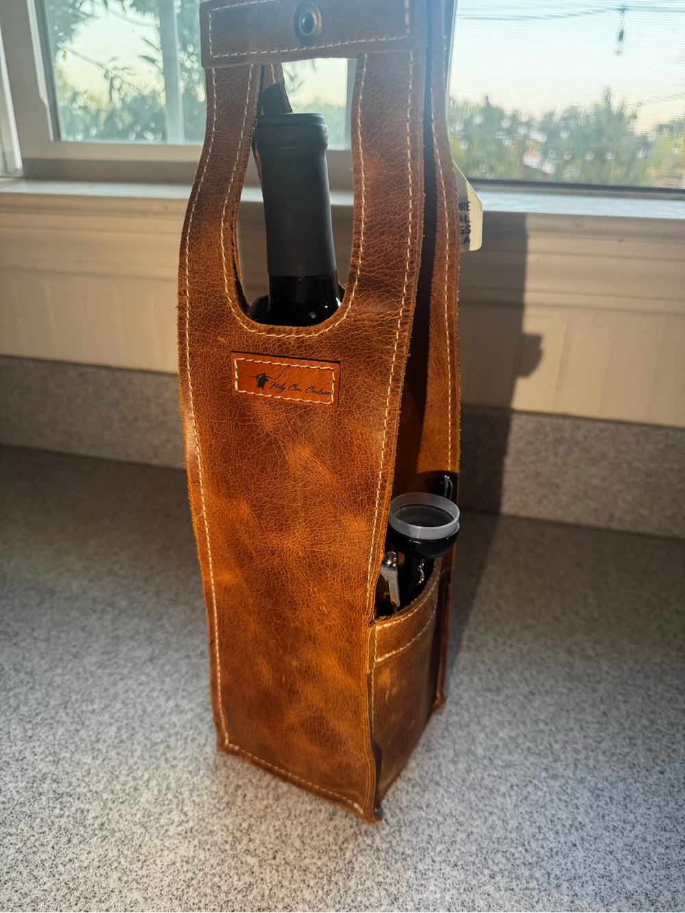 Tooled Leather Wine Tote Bag - Brown - Picture 3 of 3